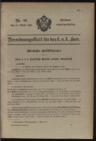 Kaiserlich-königliches Armee-Verordnungsblatt: Personal-Angelegenheiten 19051024 Seite: 1