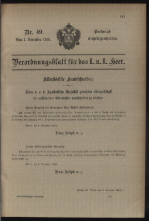 Kaiserlich-königliches Armee-Verordnungsblatt: Personal-Angelegenheiten 19051103 Seite: 1