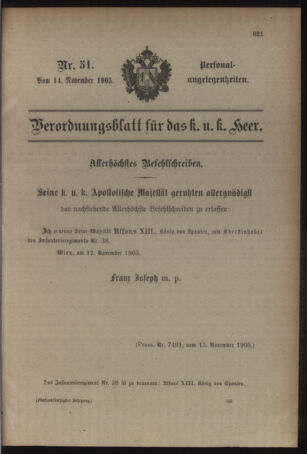 Kaiserlich-königliches Armee-Verordnungsblatt: Personal-Angelegenheiten 19051114 Seite: 1