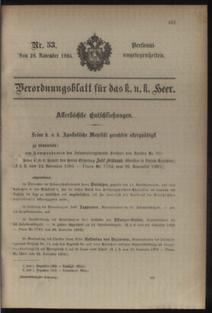 Kaiserlich-königliches Armee-Verordnungsblatt: Personal-Angelegenheiten 19051128 Seite: 1