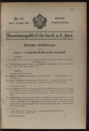 Kaiserlich-königliches Armee-Verordnungsblatt: Personal-Angelegenheiten 19051207 Seite: 1