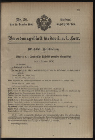 Kaiserlich-königliches Armee-Verordnungsblatt: Personal-Angelegenheiten 19051230 Seite: 1