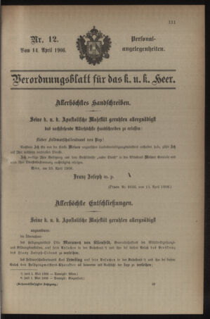 Kaiserlich-königliches Armee-Verordnungsblatt: Personal-Angelegenheiten 19060414 Seite: 1