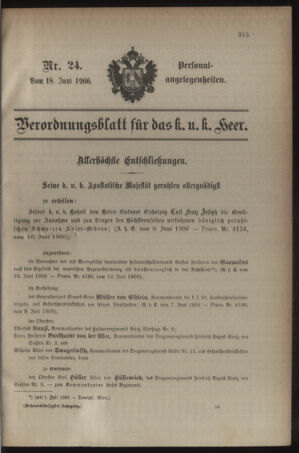 Kaiserlich-königliches Armee-Verordnungsblatt: Personal-Angelegenheiten 19060618 Seite: 1