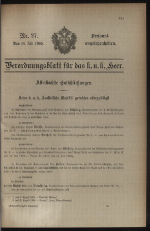 Kaiserlich-königliches Armee-Verordnungsblatt: Personal-Angelegenheiten 19060718 Seite: 1