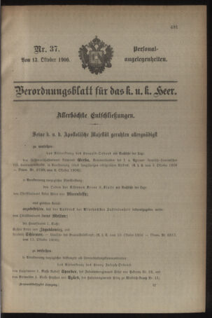 Kaiserlich-königliches Armee-Verordnungsblatt: Personal-Angelegenheiten 19061013 Seite: 1