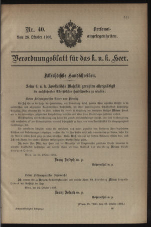 Kaiserlich-königliches Armee-Verordnungsblatt: Personal-Angelegenheiten 19061026 Seite: 1