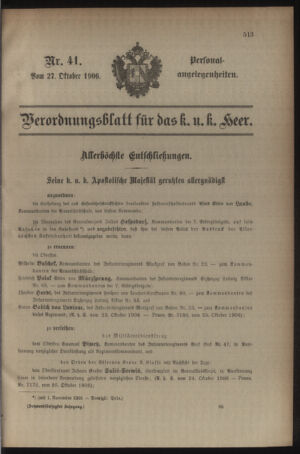 Kaiserlich-königliches Armee-Verordnungsblatt: Personal-Angelegenheiten 19061027 Seite: 1