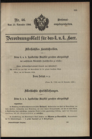 Kaiserlich-königliches Armee-Verordnungsblatt: Personal-Angelegenheiten 19061123 Seite: 1