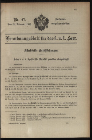 Kaiserlich-königliches Armee-Verordnungsblatt: Personal-Angelegenheiten 19061128 Seite: 1