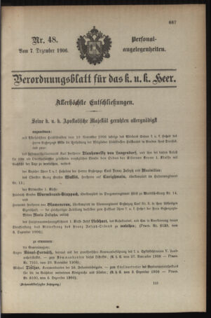 Kaiserlich-königliches Armee-Verordnungsblatt: Personal-Angelegenheiten 19061207 Seite: 1