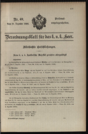 Kaiserlich-königliches Armee-Verordnungsblatt: Personal-Angelegenheiten 19061218 Seite: 1