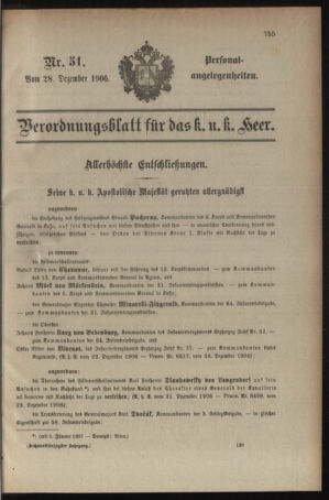 Kaiserlich-königliches Armee-Verordnungsblatt: Personal-Angelegenheiten 19061228 Seite: 1