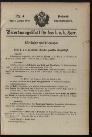 Kaiserlich-königliches Armee-Verordnungsblatt: Personal-Angelegenheiten 19070208 Seite: 1