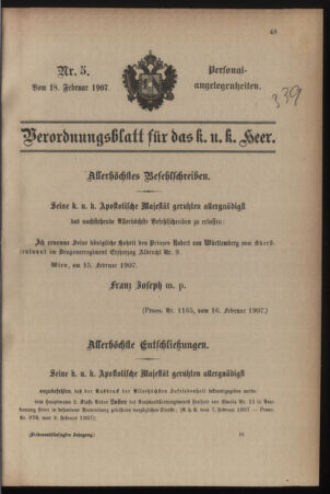 Kaiserlich-königliches Armee-Verordnungsblatt: Personal-Angelegenheiten 19070218 Seite: 1