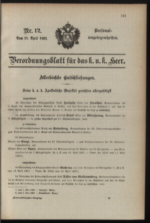 Kaiserlich-königliches Armee-Verordnungsblatt: Personal-Angelegenheiten 19070418 Seite: 1