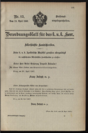 Kaiserlich-königliches Armee-Verordnungsblatt: Personal-Angelegenheiten 19070423 Seite: 1