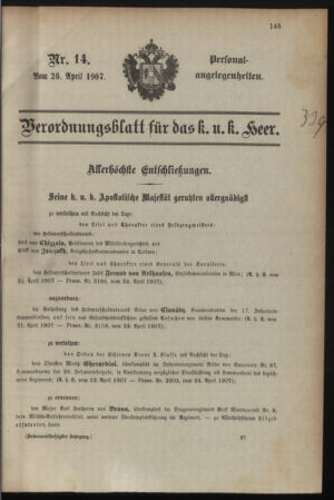 Kaiserlich-königliches Armee-Verordnungsblatt: Personal-Angelegenheiten 19070426 Seite: 1