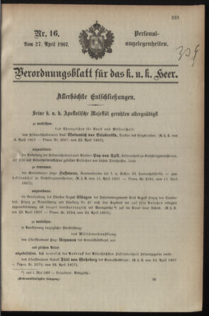 Kaiserlich-königliches Armee-Verordnungsblatt: Personal-Angelegenheiten 19070427 Seite: 1