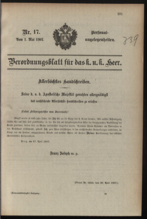 Kaiserlich-königliches Armee-Verordnungsblatt: Personal-Angelegenheiten 19070501 Seite: 1