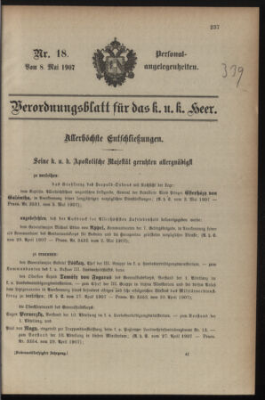 Kaiserlich-königliches Armee-Verordnungsblatt: Personal-Angelegenheiten 19070508 Seite: 1