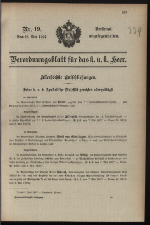 Kaiserlich-königliches Armee-Verordnungsblatt: Personal-Angelegenheiten 19070518 Seite: 1