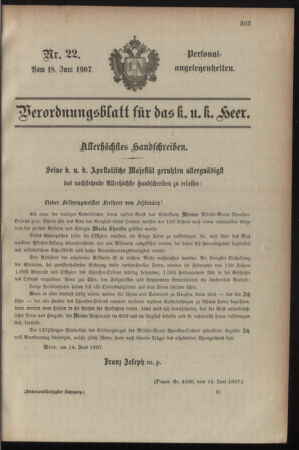 Kaiserlich-königliches Armee-Verordnungsblatt: Personal-Angelegenheiten 19070618 Seite: 1