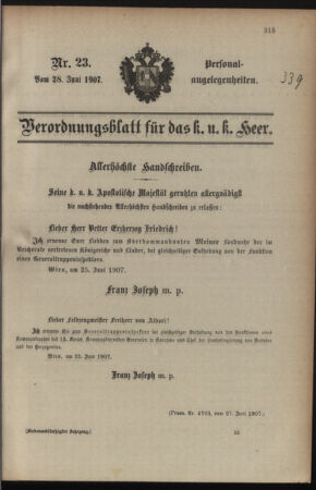 Kaiserlich-königliches Armee-Verordnungsblatt: Personal-Angelegenheiten 19070628 Seite: 1