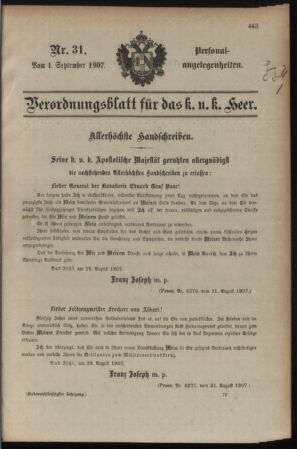 Kaiserlich-königliches Armee-Verordnungsblatt: Personal-Angelegenheiten 19070901 Seite: 1