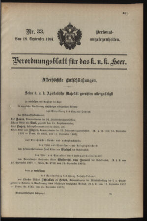 Kaiserlich-königliches Armee-Verordnungsblatt: Personal-Angelegenheiten 19070918 Seite: 1