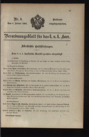 Kaiserlich-königliches Armee-Verordnungsblatt: Personal-Angelegenheiten 19080208 Seite: 1