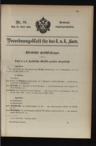 Kaiserlich-königliches Armee-Verordnungsblatt: Personal-Angelegenheiten 19080429 Seite: 1