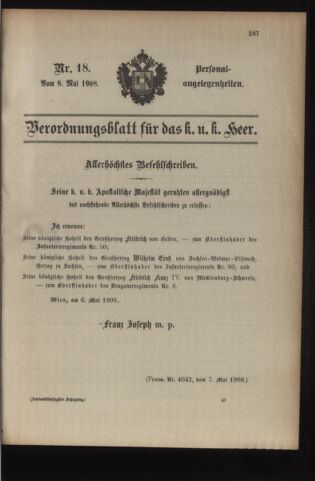 Kaiserlich-königliches Armee-Verordnungsblatt: Personal-Angelegenheiten 19080508 Seite: 1