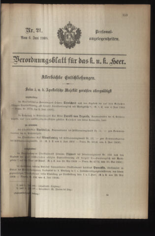 Kaiserlich-königliches Armee-Verordnungsblatt: Personal-Angelegenheiten 19080606 Seite: 1