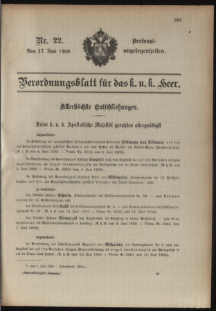 Kaiserlich-königliches Armee-Verordnungsblatt: Personal-Angelegenheiten 19080617 Seite: 1