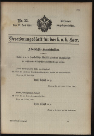 Kaiserlich-königliches Armee-Verordnungsblatt: Personal-Angelegenheiten 19080622 Seite: 1