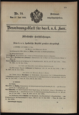 Kaiserlich-königliches Armee-Verordnungsblatt: Personal-Angelegenheiten 19080627 Seite: 1