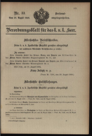 Kaiserlich-königliches Armee-Verordnungsblatt: Personal-Angelegenheiten 19080828 Seite: 1