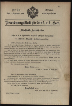 Kaiserlich-königliches Armee-Verordnungsblatt: Personal-Angelegenheiten 19080901 Seite: 1