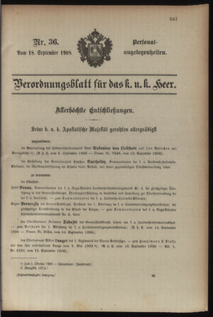 Kaiserlich-königliches Armee-Verordnungsblatt: Personal-Angelegenheiten 19080918 Seite: 1