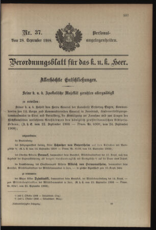 Kaiserlich-königliches Armee-Verordnungsblatt: Personal-Angelegenheiten 19080928 Seite: 1