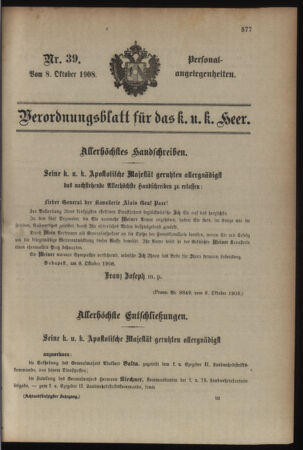 Kaiserlich-königliches Armee-Verordnungsblatt: Personal-Angelegenheiten 19081008 Seite: 1