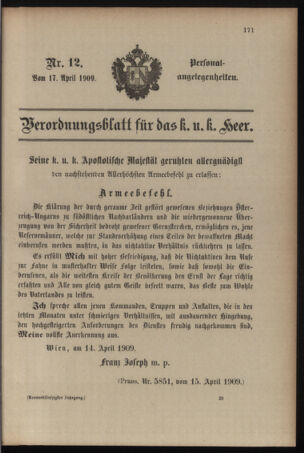 Kaiserlich-königliches Armee-Verordnungsblatt: Personal-Angelegenheiten 19090417 Seite: 1