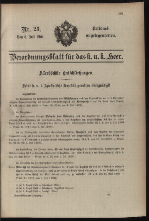 Kaiserlich-königliches Armee-Verordnungsblatt: Personal-Angelegenheiten 19090708 Seite: 1