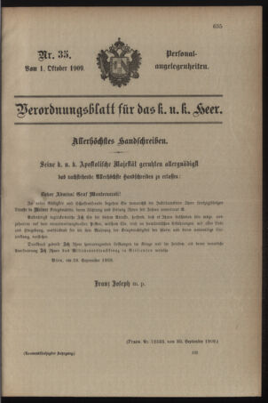 Kaiserlich-königliches Armee-Verordnungsblatt: Personal-Angelegenheiten 19091001 Seite: 1