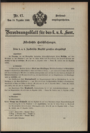 Kaiserlich-königliches Armee-Verordnungsblatt: Personal-Angelegenheiten 19091218 Seite: 1