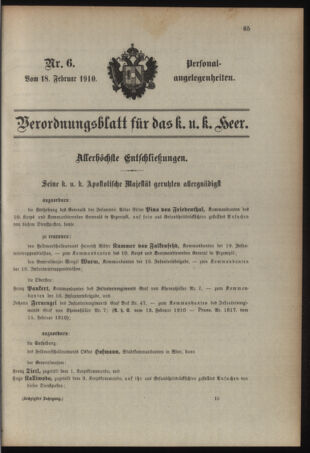 Kaiserlich-königliches Armee-Verordnungsblatt: Personal-Angelegenheiten 19100218 Seite: 1