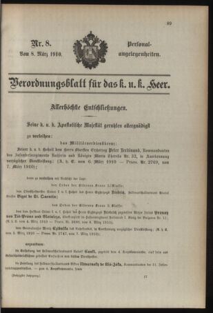 Kaiserlich-königliches Armee-Verordnungsblatt: Personal-Angelegenheiten 19100308 Seite: 1