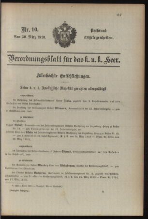 Kaiserlich-königliches Armee-Verordnungsblatt: Personal-Angelegenheiten 19100330 Seite: 1