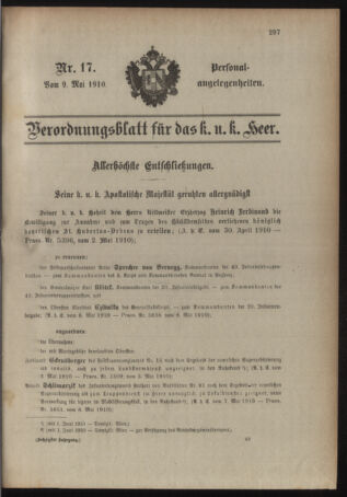 Kaiserlich-königliches Armee-Verordnungsblatt: Personal-Angelegenheiten 19100509 Seite: 1